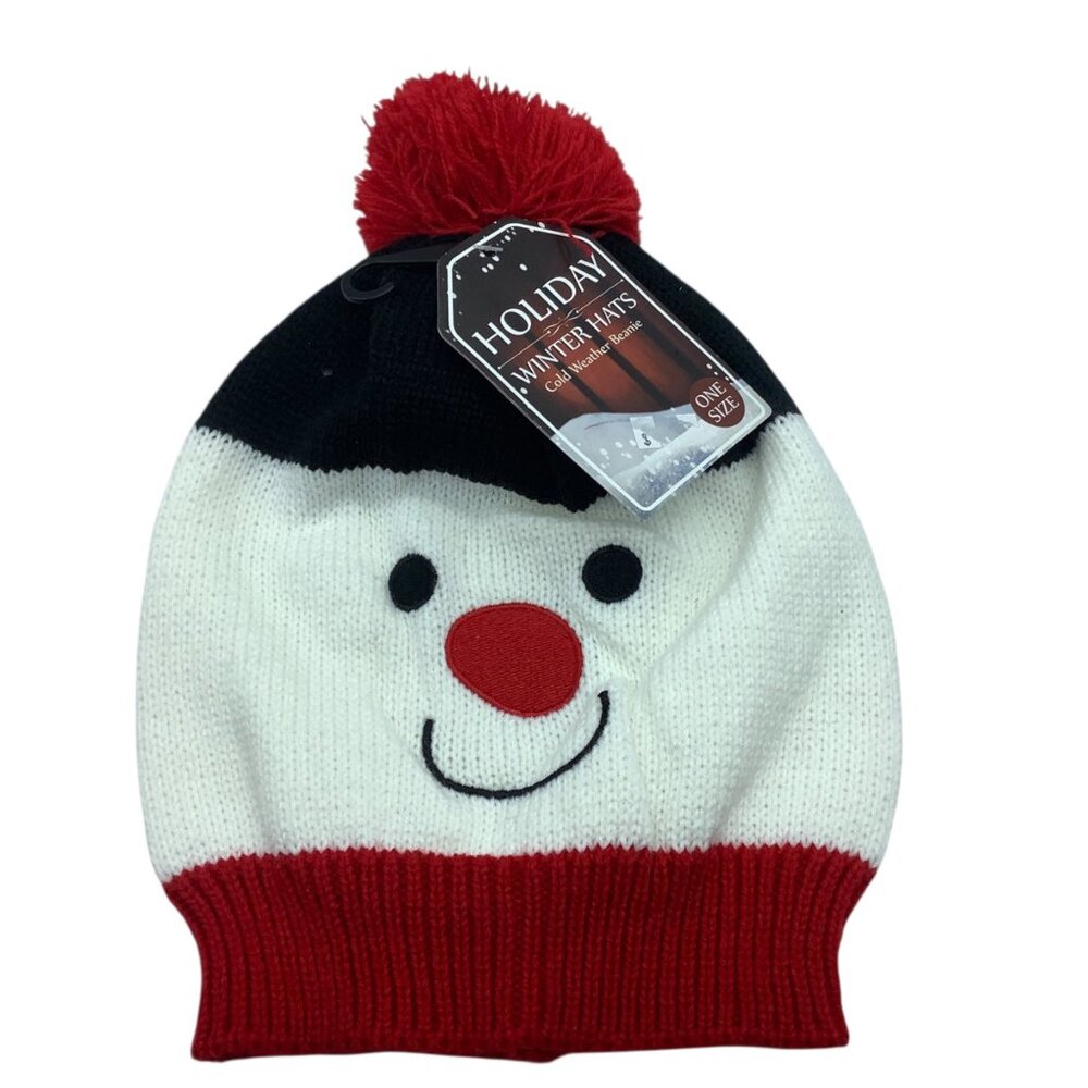 Holiday Winter Hats Cold Weather Knit Beanie Snowman Face Pom-Pom Child One Size